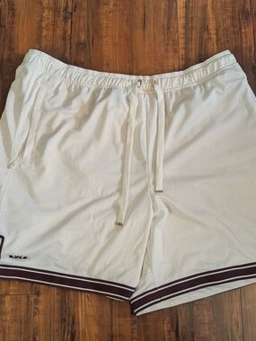 LeBron "King" James Men's Cream Athletic Mesh Shorts with Maroon Hem